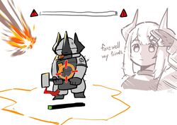  arknights chibi commentary crossed_bandaids english_commentary english_text explosive female gameplay_mechanics gloves hammer health_bar herecave highres horns looking_at_viewer mask mudrock_(arknights) multiple_views progress_bar ribbon salute sign simple_background target warning_sign white_background 