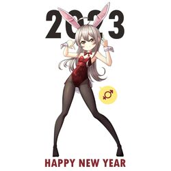  2023 ahoge animal_ears bare_arms bare_shoulders black_pantyhose bow bowtie brown_eyes chinese_zodiac commentary detached_collar female flat_chest full_body grey_hair hair_between_eyes happy_new_year highres index_finger_raised legs_apart leotard looking_at_viewer male-female_symbol onii-chan_wa_oshimai! oyama_mahiro pantyhose playboy_bunny rabbit_ears rabbit_tail red_bow red_bowtie red_leotard simple_background smile solo spoken_symbol standing strapless strapless_leotard tail white_background wrist_cuffs year_of_the_rabbit yoooooon 