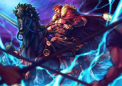  1boy arm_armor armor beard black_hair breastplate bucephalus_(fate) cape carousel clothing_cutout facial_hair fate/grand_order fate/zero fate_(series) fighting_stance from_side front_slit full_body fur_trim holding horse horseback_riding iskandar_(fate) leather lightning looking_at_viewer ma2910ko male_focus mature_male muscular muscular_male pectorals red_cape red_eyes red_hair riding sandals short_hair sky soldier solo_focus sword weapon 