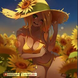  bikini blurry blurry_background blurry_foreground blush body_freckles breast_hold breasts cleavage dark-skinned_female dark_skin day depth_of_field english_commentary female field flower flower_field freckles green_eyes halterneck hat hat_flower highres index_finger_raised large_breasts leaning_forward looking_at_viewer medium_hair navel one_eye_closed open_mouth orange_bikini orange_hair original outdoors side-tie_bikini_bottom smile solo straw_hat string_bikini summer sun_hat sunflower sunflower_field swimsuit teeth watermark xaxaxa 