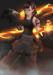  absurdres angry bare_shoulders black_hair black_shirt breasts clenched_hand collarbone en&#039;en_no_shouboutai female fire gauntlets grey_pants highres large_breasts looking_at_viewer maki_oze medium_hair open_mouth pants purple_eyes saku_(perocopic) shirt sleeveless sleeveless_shirt solo weapon 