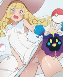  bad_id bad_twitter_id blonde_hair blunt_bangs blush braid breasts collared_dress commentary_request cosmog crying dress female from_below green_eyes hat lillie_(pokemon) long_hair looking_down open_mouth panties poke_ball poke_ball_(basic) pokemon pokemon_(creature) pokemon_sm shiny_skin sleeveless sleeveless_dress sun_hat sundress tears tongue tostos twin_braids underwear white_dress white_panties 