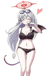  :q ^_^ absurdres ahoge arm_at_side ass_visible_through_thighs black-framed_eyewear black_bow black_wings blue_archive blush bow bow_bra bow_panties bra braid breasts cleavage closed_eyes closed_mouth collarbone commentary demon_girl demon_tail demon_wings eyewear_on_head facing_viewer feet_out_of_frame female finger_to_mouth glasses grey_hair grin hair_between_eyes hairbow halo hand_up happy haruna_(blue_archive) heart highres lace-trimmed_bra lace-trimmed_panties lace_trim large_breasts lingerie long_hair mini_wings navel pale_skin panties red_halo side_braid simple_background single_braid single_wing smile solo spoken_heart standing straight-on tail thigh_gap thighs tongue tongue_out underwear underwear_only variant_set very_long_hair white_background wing_ornament wings yukki_bunny 