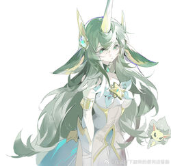  animal_ears artist_name brooch closed_mouth cowboy_shot detached_sleeves eteru expressionless female gem green_brooch green_eyes green_hair hair_between_eyes highres horns jewelry league_of_legends looking_at_viewer official_alternate_costume official_alternate_hairstyle sidelocks simple_background single_horn solo soraka_(league_of_legends) star_guardian_(league_of_legends) star_guardian_pet star_guardian_soraka white_background 