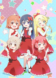  5girls :3 :d ;d aayh black_bow black_hair blonde_hair blue_background blue_eyes blush bow brown_eyes brown_hair commentary_request dress elbow_gloves gloves green_eyes hair_between_eyes hairbow happy_happy_friends highres himesaka_noa holding_hands hoshino_hinata interlocked_fingers konomori_kanon long_hair multiple_girls oerba_yun_fang one_eye_closed one_side_up open_mouth ponytail puffy_short_sleeves puffy_sleeves red_bow red_dress red_eyes shirosaki_hana short_sleeves sleeveless sleeveless_dress smile starry_background tanemura_koyori thumbs_up twintails very_long_hair watashi_ni_tenshi_ga_maiorita! white_gloves 