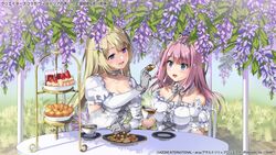  2girls assault_lily bare_shoulders blonde_hair blue_eyes blurry blurry_background blush bow bowtie breasts cake cake_slice chair checkerboard_cookie cleavage collar collarbone commentary_request cookie cross-laced_clothes cross-laced_dress crossed_bangs cup day detached_collar detached_sleeves dress drink drinking_glass feeding flower food frilled_dress frilled_sleeves frills fruit glint gloves grass grey_bow grey_bowtie grey_collar grey_gloves hair_between_eyes hand_on_table hands_up highres holding holding_cookie holding_cup holding_food jewelry long_hair long_sleeves looking_at_another looking_at_food medium_breasts miyagawa_takane multiple_girls necklace official_alternate_costume official_alternate_hairstyle official_art on_chair outdoors parted_lips pendant pink_hair plate puffy_detached_sleeves puffy_short_sleeves puffy_sleeves purple_eyes purple_flower sadamori_himeka short_sleeves sitting smile sparkle steam strapless strapless_dress strawberry strawberry_shortcake table tea teacup tiara tiered_tray translation_request unasaka_ryou very_long_hair watermark wavy_hair white_dress white_gloves wisteria 