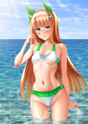  absurdres animal_ears bad_id bad_pixiv_id bikini blue_sky breasts cloud commentary_request day ear_covers female green_eyes highres hime_cut horizon horse_ears horse_girl horse_tail long_hair looking_at_viewer manu_lee navel ocean orange_hair outdoors silence_suzuka_(umamusume) sky small_breasts solo standing swimsuit tail two-tone_bikini umamusume wading 