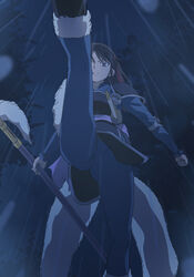  armor blue_eyes blue_pants brown_hair clenched_hand closed_mouth elbow_pads female from_below han&#039;you_no_yashahime haruyama_kazunori inuyasha japanese_clothes naginata night outdoors pants pauldrons polearm rain setsuna_(inuyasha) short_sword shoulder_armor sword tree weapon 