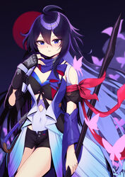  adjusting_scarf ahoge black_background black_gloves black_hair black_shorts blue_eyes breasts bug butterfly cleavage colored_inner_hair commentary detached_sleeves female fingerless_gloves flareza gloves hair_between_eyes highres holding holding_polearm holding_weapon honkai:_star_rail honkai_(series) long_hair long_sleeves looking_at_viewer multicolored_hair parted_lips polearm purple_scarf scarf seele_(honkai:_star_rail) short_shorts shorts simple_background solo weapon wide_sleeves 