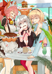  3girls absurdres ahoge animal_ear_fluff animal_ears animal_hands apron bell bikini black_bikini black_choker black_gloves black_hairband black_jacket blue_jacket braid breasts choker cleavage closed_eyes collar collarbone cropped_jacket fangs fate/grand_order fate_(series) food fox_ears fox_girl fox_tail french_fries front-tie_bikini_top front-tie_top gloves grey_hair hair_ribbon hairband highres hood hooded_jacket jacket jeanne_d&#039;arc_(fate) jeanne_d&#039;arc_(swimsuit_archer)_(fate) jeanne_d&#039;arc_(swimsuit_archer)_(first_ascension)_(fate) jeanne_d&#039;arc_alter_(fate) jeanne_d&#039;arc_alter_(swimsuit_berserker)_(fate) jingle_bell large_breasts long_braid long_hair multiple_girls neck_bell o-ring o-ring_bikini o-ring_bottom o-ring_top outdoors paw_gloves paw_shoes pink_hair ponytail red_legwear red_ribbon ribbon shoes shrug_(clothing) single_braid single_thighhigh steak swimsuit tail tamamo_(fate) tamamo_cat_(fate) tamamo_cat_(second_ascension)_(fate) thighhighs very_long_hair whistle whistle_around_neck white_legwear yellow_eyes zawa_(mail2erina) 