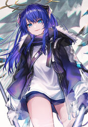  arknights asymmetrical_gloves black_jacket black_shorts blue_eyes blue_gloves blue_hair character_name commentary_request cowboy_shot coyucom female fur-trimmed_jacket fur_trim gloves halo horns jacket long_hair long_sleeves looking_at_viewer mismatched_gloves mostima_(arknights) parted_lips partial_commentary shirt short_shorts shorts smile solo standing thighs white_gloves white_shirt 