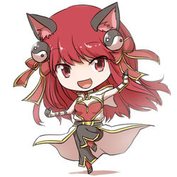  :d animal_ears black_footwear black_gloves black_pants bow breasts cat_ears champion_(ragnarok_online) chibi coat commentary_request female full_body gloves gold_trim hairbow hood hooded_coat long_hair looking_at_viewer medium_breasts natsuya_(kuttuki) open_clothes open_coat open_mouth pants ragnarok_online red_bow red_eyes red_hair shoes simple_background sleeveless sleeveless_coat smile solo two-tone_gloves white_background white_coat white_gloves yin_yang_hair_ornament 