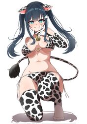  amano_nene_(vtuber) animal_ears animal_print bell blush breasts cow_ears cow_print cow_tail cowbell elbow_gloves female gloves green_eyes heart heart-shaped_pupils highres large_breasts long_hair midoku_(itijikusakura) navel production_kawaii second-party_source solo swimsuit symbol-shaped_pupils tail thighhighs twintails virtual_youtuber 