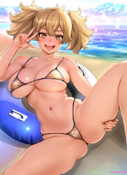  artist_name bare_arms bare_shoulders bikini blonde_hair breasts brown_eyes collarbone commentary_request day female gundam gundam_suisei_no_majo hand_up highleg highleg_bikini highres innertube large_breasts long_hair navel ocean open_mouth outdoors oyaman renee_costa shadow shore signature sitting solo spread_legs stomach swim_ring swimsuit teeth thighs twintails upper_teeth_only water 