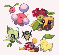  :d alternate_color bellossom blue_eyes blush_stickers bright_pupils celebi chikorita closed_eyes commentary cup drinking_straw highres holding hoppip hug jumpluff no_humans open_mouth pokemon pokemon_(creature) shiny_pokemon shuckle simple_background smile spinarak star_(symbol) sunkern tongue tyako_089 u_u white_background white_pupils 