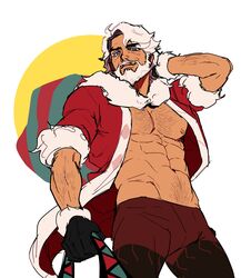  10tnt_(dextnt711) 1boy abs absurdres bara bare_pectorals beard blue_eyes bulge chest_hair cookie_run eggnog_cookie facial_hair feet_out_of_frame fur-trimmed_jacket fur_trim gift_bag highres humanization jacket korean_commentary looking_at_viewer male_focus mature_male moustache muscular muscular_male navel navel_hair nipple_slip nipples old old_man open_clothes open_jacket pants pectorals protected_link red_pants santa_costume short_hair sleeves_rolled_up solo stomach thick_eyebrows thick_thighs thighs unfinished white_hair wrinkled_skin 