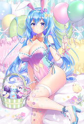  animal_ears arm_strap balloon bare_shoulders basket bird blue_footwear blue_hair bow bowtie breasts chick cleavage clothing_cutout colored_eyelashes commentary_request detached_collar easter_egg egg emori_miku fake_animal_ears female fishnet_thighhighs fishnets frills hair_flowing_over hairband haruyuki_14 high_heels highleg highleg_leotard highres holding lace_trim large_breasts leotard liver_city long_hair looking_at_viewer navel navel_cutout parted_lips pillow playboy_bunny purple_eyes purple_leotard rabbit_ears sitting solo strapless strapless_leotard striped_clothes striped_leotard thighhighs thighs very_long_hair white_thighhighs 