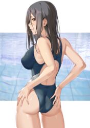  armpits ass back_cutout banned_artist bare_arms bare_shoulders black_hair blue_swimsuit breasts brown_eyes competition_swimsuit cowboy_shot female hands_on_own_ass highres ikomochi large_breasts long_hair looking_at_viewer looking_back one-piece_swimsuit original parted_lips profile solo standing swimsuit thighs water 