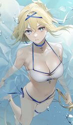  air_bubble azur_lane bad_id bad_twitter_id bare_shoulders barefoot bikini blonde_hair blue_choker blue_eyes breasts bubble choker cleavage commentary cross female freediving halterneck highres holding jeanne_d&#039;arc_(azur_lane) jeanne_d&#039;arc_(saintess_of_the_sea)_(azur_lane) layered_bikini long_hair looking_at_viewer medium_breasts navel official_alternate_costume ohisashiburi parted_lips rapier see-through side-tie_bikini_bottom solo stomach swimsuit sword thigh_strap thighs underwater water weapon white_bikini 