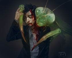  1boy animal arm_up artist_name bad_id bad_pixiv_id beard biting black_eyes black_hair blood blood_on_clothes blood_on_face bug collared_shirt commentary english_commentary facial_hair formal injury jacket jcm2 long_sleeves male_focus open_clothes original oversized_animal oversized_insect praying_mantis realistic shirt short_hair suit 