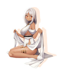  absurdres azur_lane bare_shoulders blush breasts closed_mouth dark-skinned_female dark_skin dress facial_mark female forehead_mark full_body halter_dress halterneck highres jewelry large_breasts lifting_own_clothes long_hair looking_at_viewer massachusetts_(azur_lane) massachusetts_(dressed_to_impress)_(azur_lane) official_alternate_costume red_eyes sitting sleeveless sleeveless_dress solo thighlet white_background white_dress white_hair z-jun.dd-zhong 