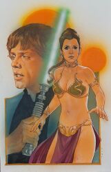  1boy armlet blonde_hair breasts brother_and_sister brown_hair cleavage collar energy_sword female green_eyes green_lightsaber highres holding_lightsaber huttslayer_leia jewelry large_breasts lightsaber long_hair looking_at_viewer luke_skywalker metal_bikini navel pelvic_curtain phil_noto ponytail princess_leia short_hair siblings star_wars star_wars:_return_of_the_jedi sword weapon 