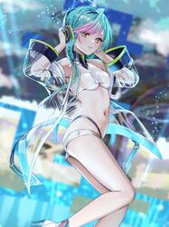  aqua_hair bare_shoulders blurry blurry_background braid breasts cassius_(phantom_of_the_kill) chigusa_minori collarbone commentary_request crop_top feet_out_of_frame female gradient_hair headphones high_heels highleg highleg_panties highres jacket light_blush light_particles long_hair long_sleeves looking_at_viewer medium_breasts micro_shorts multicolored_hair navel panties parted_lips phantom_of_the_kill pink_hair see-through see-through_jacket shirt shorts solo stomach twin_braids underboob underwear white_footwear white_shirt yellow_eyes 