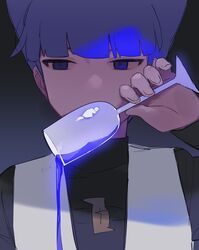  1boy blue_eyes blue_hair blunt_bangs cup glass holding holding_cup liquid logo male_focus pokemon pokemon_dppt pouring protected_link saku_nosuke saturn_(pokemon) short_hair solo team_galactic team_galactic_uniform upper_body 