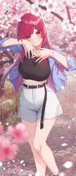  absurdres alternate_costume bare_legs belt black_belt black_shirt blue_jacket blurry blurry_background blurry_foreground blush breasts cherry_blossoms crop_top female flower grin heterochromia high-waist_shorts highres hololive houshou_marine jacket large_breasts long_hair long_sleeves looking_at_viewer midriff open_clothes open_jacket pink_flower red_eyes red_hair shirt shorts smile solo tang-du thighs virtual_youtuber white_shorts yellow_eyes 