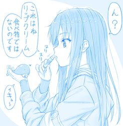  abyssal_ship arm_warmers asashio_(kancolle) blue_theme commentary female from_side gotou_hisashi heart holding i-class_destroyer kantai_collection kuchiku_i-kyuu lip_balm long_hair long_sleeves motion_lines speech_bubble translated upper_body 