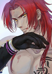  1boy absurdres armband bad_id bad_pixiv_id blood bracelet chest_tattoo collarbone elbow_gloves furrowed_brow gloves hair_behind_ear hand_up highres jewelry long_bangs long_sideburns looking_at_viewer male_focus multiple_bracelets parted_bangs pectorals red_hair serious shitakawa short_hair_with_long_locks sideburns sidelocks simple_background smeared_blood solo tattoo thick_eyebrows tonbokiri_(touken_ranbu) topless_male touken_ranbu upper_body white_background 