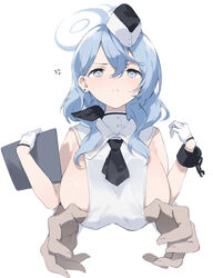  1boy :&lt; absurdres ako_(blue_archive) anger_vein black_necktie blue_archive blue_eyes blue_hair blush breasts clipboard clothes_pull earrings female frown fujiyama gloves hair_between_eyes half_gloves halo hat highres holding holding_clipboard jewelry large_breasts long_hair looking_at_viewer mini_hat necktie official_alternate_costume sailor_collar shirt_pull sideboob sideless_outfit sideless_shirt stud_earrings utnapishtim_operator_uniform_(blue_archive) 