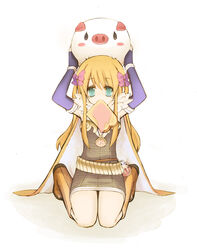  alchemist_(ragnarok_online) armpits blonde_hair blue_gloves boots bow bread bread_slice breasts brown_cape brown_dress brown_footwear cape commentary_request dress elbow_gloves female fingerless_gloves food food_in_mouth full_body fur_collar gloves hairbow highres kneeling kusabi_(aighe) long_hair looking_at_viewer mouth_hold multiple_hair_bows piglet pink_bow ragnarok_online savage_babe short_dress simple_background small_breasts strapless strapless_dress toast toast_in_mouth white_background 