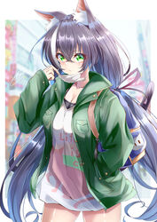  absurdres animal_ear_fluff animal_ears black_hair blurry blurry_background blush breasts cat_ears cat_girl cat_tail cleavage collarbone cowboy_shot female green_eyes green_jacket hair_between_eyes hand_up highres jacket karyl_(princess_connect!) karyl_(real)_(princess_connect!) long_hair long_shirt looking_at_viewer low_twintails mask mouth_mask multicolored_hair princess_connect! pulling_own_clothes signature solo streaked_hair tail tail_raised takemura_kou twintails very_long_hair wavy_mouth white_hair white_mask 