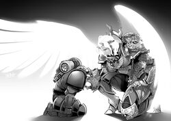  1boy adeptus_astartes ahoge angel_wings armor blood_angels braid breastplate closed_mouth eyes_of_horus_(warhammer_40k) female gauntlets genderswap_(mtf) glowing glowing_eyes glowing_hair glowing_wings gold_armor greyscale halo highres imperium_of_man kneeling laurel_crown md5_mismatch monochrome on_one_knee pauldrons power_armor primarch rule_63 ryuusei_(mark_ii) sanguinius shoulder_armor signature warhammer_40k wings 