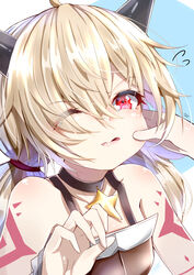  absurdres ahoge arms_up bare_shoulders black_choker black_horns black_shirt blonde_hair blue_background breasts cheek_pull choker dragon_girl dragon_horns eyes_visible_through_hair fang_out female hair_between_eyes hair_over_one_eye halterneck hand_on_another&#039;s_cheek hand_on_another&#039;s_face hand_up highres horns inori_(princess_connect!) long_bangs long_hair looking_at_viewer low_twintails oerba_yun_fang one_eye_closed open_mouth parted_lips princess_connect! pulling_another&#039;s_clothes red_eyes shiny_skin shirt signature simple_background small_breasts solo_focus star_(symbol) takemura_kou tattoo tearing_up tears twintails two-tone_background white_background 