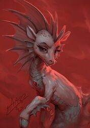  2020 assasinmonkey digital_media_(artwork) digital_painting_(artwork) female feral frill_(anatomy) frill_spines head_crest head_frill hi_res hooves membrane_(anatomy) membranous_frill red_theme scales siren solo spines 