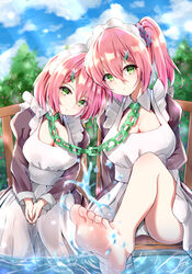  2girls absurdres apron barefoot bound_together breasts chains cleavage closed_mouth cloud dress green_eyes hair_between_eyes hair_ornament hairclip highres large_breasts leg_up legs linked_collar looking_at_viewer maid maid_headdress medium_hair multiple_girls original outdoors panties pantyshot pink_hair short_hair siblings side_ponytail sisters sky smile soles takemura_kou thighs toes underwear water water_drop white_panties 