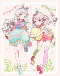  2girls :o ;) absurdres animal_ears asymmetrical_legwear bad_id bad_pixiv_id banirou basket blue_eyes blue_footwear bobby_socks bow bowtie braid brown_eyes center_frills clenched_hands closed_mouth commentary easter easter_egg egg fake_animal_ears frills fur_cuffs green_legwear green_necktie green_skirt grey_hair high-waist_skirt highres hisakawa_hayate hisakawa_nagi holding idolmaster idolmaster_cinderella_girls leaning_forward leg_up licking_lips light_frown long_hair looking_at_viewer low_twintails medium_skirt mismatched_legwear multiple_girls necktie one_eye_closed open_mouth outside_border over-kneehighs oversized_object pink_bow pink_bowtie pink_footwear pink_shorts purple_legwear purple_shirt rabbit_ears shirt shoes short_sleeves shorts siblings side-by-side sisters skirt smile socks standing standing_on_one_leg string_of_flags stuffed_animal stuffed_rabbit stuffed_toy thighhighs tongue tongue_out twins twintails twitter_username white_legwear yellow_shirt 