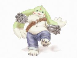  4:3 ammo_belt anthro apluss bandai_namco beady_eyes belly bottomwear claws clothing denim denim_bottomwear denim_clothing digimon digimon_(species) fur gargomon gun_arm horn jeans lagomorph leporid long_ears male mammal navel overweight overweight_male pants pawpads rabbit simple_background solo white_background white_body white_fur 