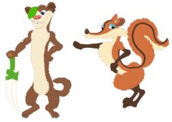  absurd_res anthro blue_eyes blue_sky_studios brown_body brown_fur buck_(ice_age) dagger darkbolt duo eye_patch eyewear female fur hi_res ice_age_(series) ice_age_3 male mammal melee_weapon mustelid musteline nude rodent saber-toothed_squirrel sciurid scratte_(ice_age) true_musteline weapon weasel 