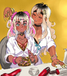  2girls alternate_hair_color animal_print bag barbell_piercing black_hair blonde_hair blue_eyes blush bra bracelet breasts choker cleavage condom condom_in_clothes dark-skinned_female dark_skin earrings eyeshadow fake_nails fingernails ganguro gyaru hair_dye hair_ornament hair_scrunchie hairclip handbag heart heart_earrings highres jewelry k-on! keigi kogal kotobuki_tsumugi leopard_print lips long_fingernails long_hair makeup medium_breasts multicolored_hair multiple_girls nakano_azusa necklace piercing pink_eyeshadow pink_hair pink_lips print_bra ring school_uniform scrunchie sitting small_breasts thick_eyebrows tongue_piercing twintails underwear yellow_background 