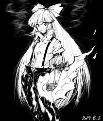  absurdres bad_id bad_pixiv_id black_background bow burnt_clothes cigarette commentary_request dated feet_out_of_frame female flaming_hand fujiwara_no_mokou greyscale hairbow hand_in_pocket highres long_hair looking_at_viewer monochrome pants sen_(daydream_53) shirt simple_background smoke smoking solo suspenders touhou 