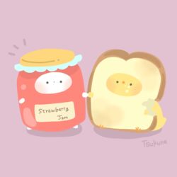  animal animal_focus artist_name bird bread bread_slice chibi chick food food_focus friends fruit ghost halloween highres holding_hands jam jar no_humans original pink_background simple_background strawberry toast tsukune 