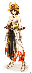  belt black_belt black_gloves black_pants breasts brown_eyes brown_hair championship_belt cleavage closed_mouth clothes_around_waist commentary_request crown female flame_print foot_wraps full_body gauntlets gloves hair_between_eyes highres jewelry kusabi_(aighe) long_bangs looking_at_viewer medium_breasts necklace palm-fist_greeting pants ragnarok_online sarashi shirt shirt_around_waist short_hair smile solo standing sura_(ragnarok_online) white_background white_pants white_shirt 