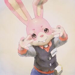  1:1 anthro apluss arcade_bunny bottomwear buckteeth clothing fur hi_res identification lagomorph leporid long_ears male mammal nintendo nintendo_badge_arcade pants pink_body pink_fur pose rabbit shirt simple_background solo teeth topwear young young_male 