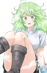  absurdres boku_no_hero_academia collared_shirt female fengling_(furin-jp) green_eyes green_hair green_skirt hagakure_tooru highres knees_up looking_at_viewer medium_hair messy_hair open_mouth shirt simple_background sitting skirt solo thick_eyelashes unusually_visible white_background white_shirt 