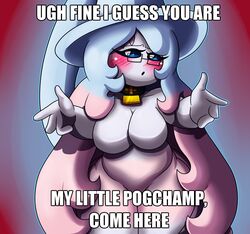  arms_out big_breasts blue_eyes blue_hair blush breasts collar digital_media_(artwork) english_text eyewear featureless_breasts female generation_8_pokemon glasses hair hatterene hi_res humanoid long_hair looking_at_viewer meme nintendo not_furry open_mouth pink_hair pogchamp pokemon pokemon_(species) pokemorph simple_background solo spread_arms text ugh_fine_i_guess_you_are_my_little_pogchamp yoshimister 