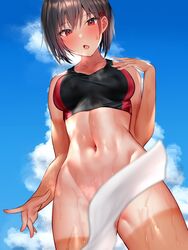  ass_visible_through_thighs bikini_pull blue_sky blush bottomless breasts brown_hair clothes_pull cloud collarbone crop_top female groin hair_ornament hairclip linea_alba looking_at_viewer medium_breasts midriff navel oerba_yun_fang open_mouth original outdoors red_eyes shiny_skin short_hair skin_fang sky solo sports_bikini sports_bra sportswear standing steaming_body sweat tan tanlines towel track_uniform two-tone_sports_bra yuyu_(yuyuworks) 