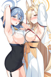  2girls :o ako_(blue_archive) animal_ears arm_up armpits blonde_hair blue_archive blue_eyes blue_hair blue_hairband blush breast_press breasts closed_mouth commentary_request detached_sleeves from_side hairband halo highres kaho_(blue_archive) large_breasts long_hair long_sleeves looking_at_viewer looking_to_the_side medium_hair mole mole_under_mouth multiple_girls open_mouth sideboob sideless_kimono sideless_shirt simple_background smile standing super_nagoyaka symmetrical_docking thick_eyebrows white_background yellow_eyes yellow_hairband 